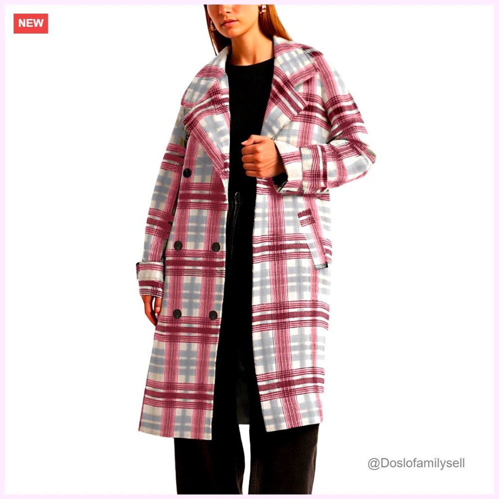 Long Wool Plaid Pea Coat Double Breast Midi Trench Overcoat with Belt